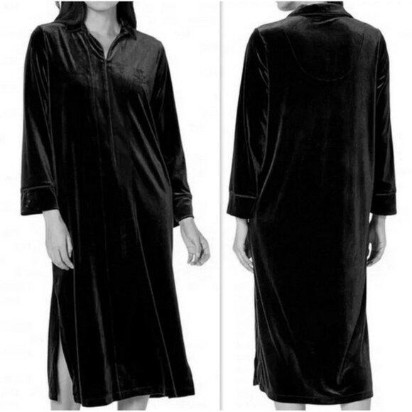 Lauren Ralph Lauren Other - NWT RALPH LAUREN Robe Caftan SMALL Embroidered Logo 1/2 Zip Velvet Midi Black